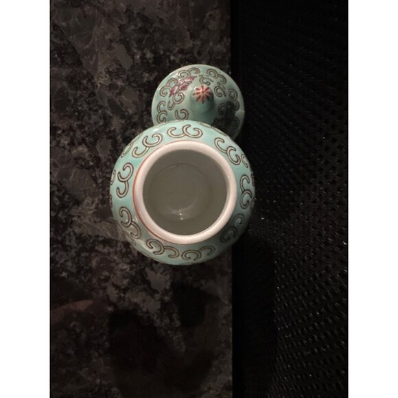 Small Decorative Porcelain Jar With Lid & Floral Motif - Mint Green Pink & White - Picture 6 of 8
